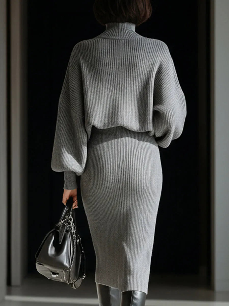 Gray Ribbed Turtleneck Batwing Sweater Dress